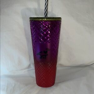 Starbucks Bold Purple and Orange Tumbler with Yellow Lid and Unique Straw 24 OZ
